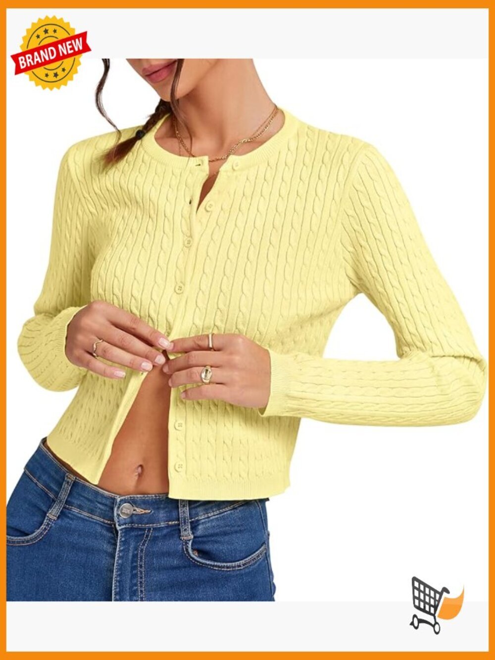 Cropped Cable Knit Cardigan Long Sleeve Button Up Slim Fit Lightweight